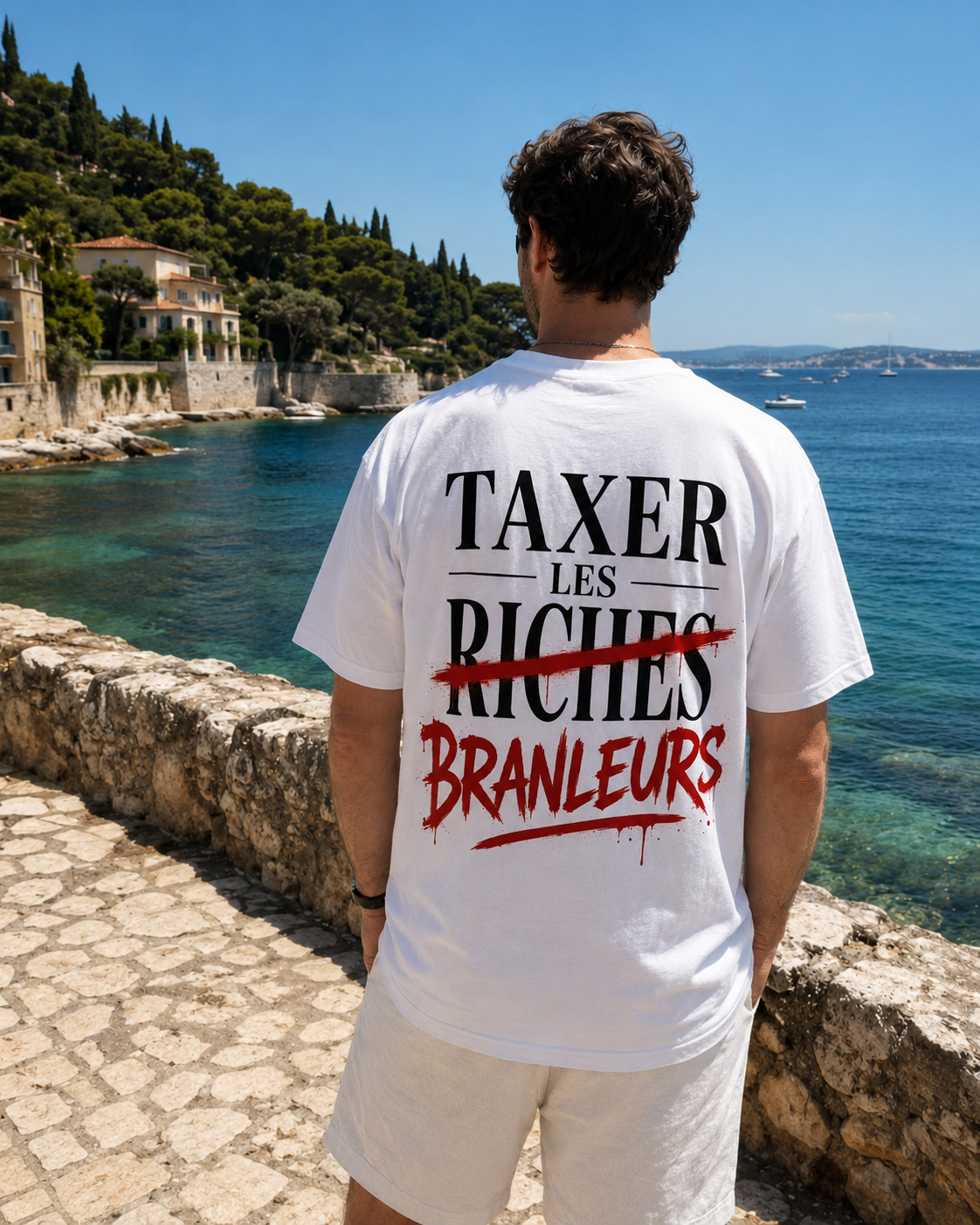 T-shirt Taxer les branleurs porté de dos sur la Côte d'Azur