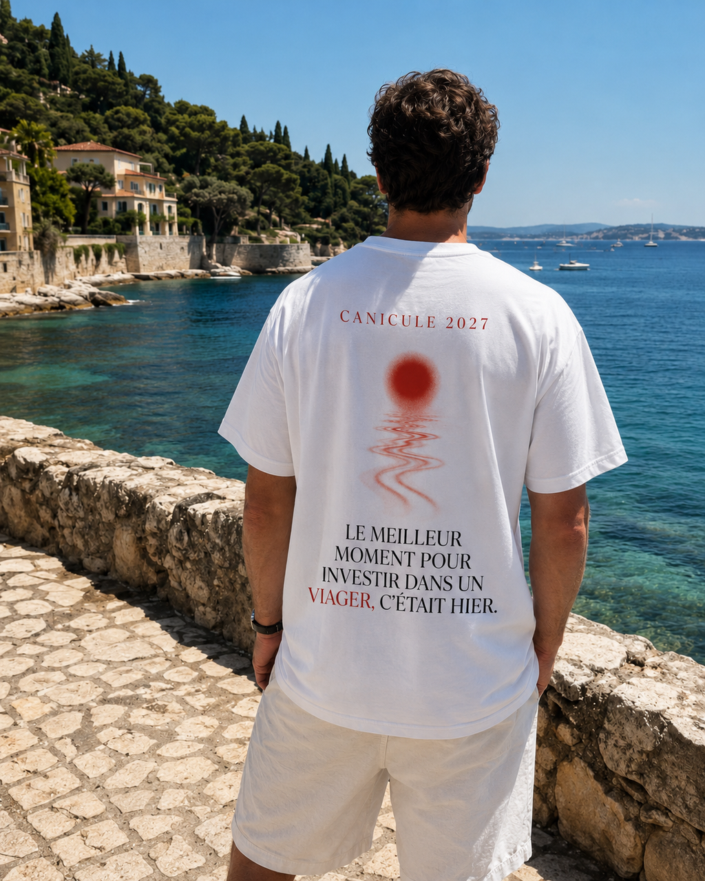 T-shirt Canicule 2027 porté de dos sur la Côte d'Azur