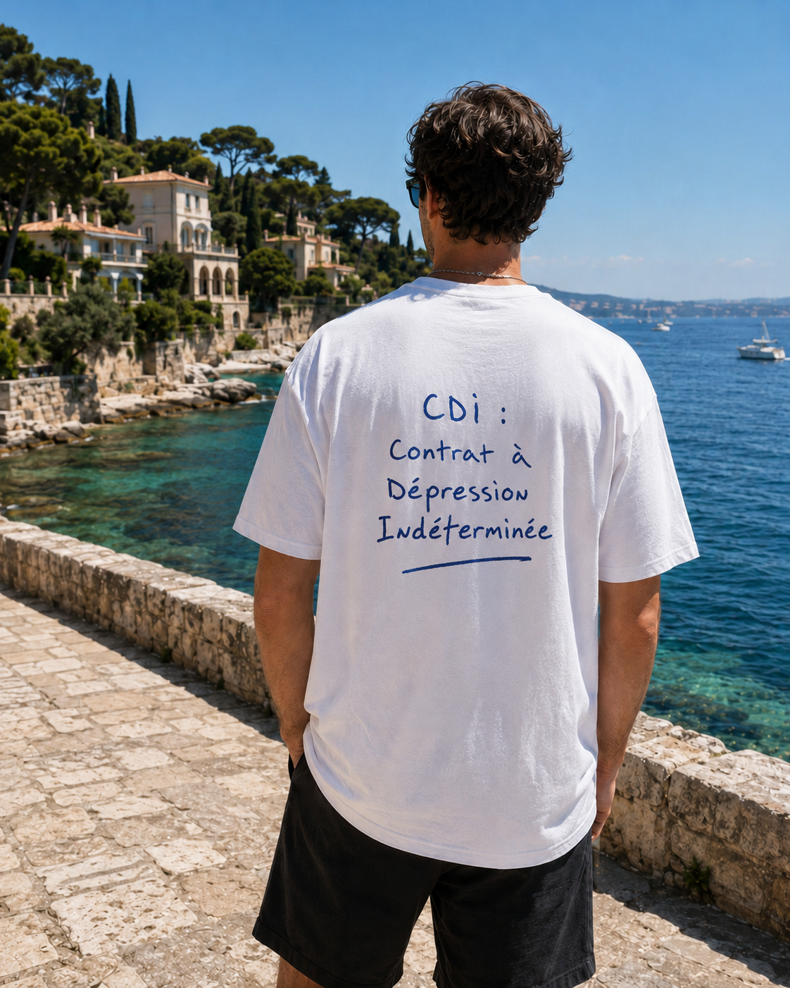 T-shirt CDI Contrat à Dépression Indéterminée porté de dos, Côte d'Azur